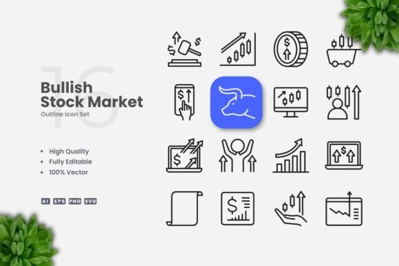 Bullish Stock Market Outline Icons: A Graphics Must-Have