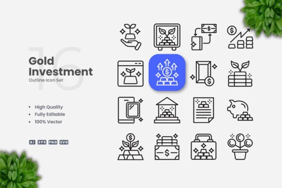 Gold Investment Outline Icons: Perfect for Commercial Graphics