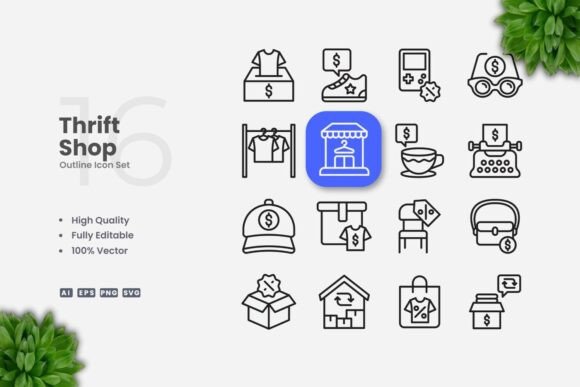 Thrift Shop Outline Icons: A Clean Graphics Asset for Designers